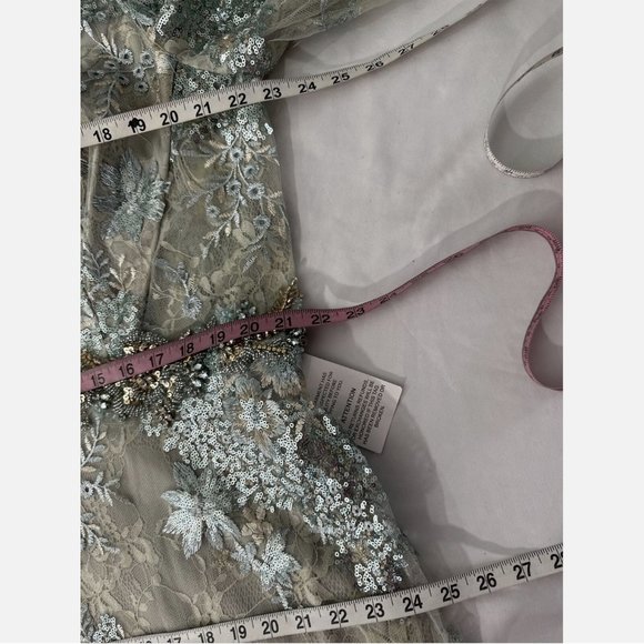 NEW $698 Mac‎ Duggal [ 20 ] Sleeve Flutter Floral Embellished Gown Seafoam - Picture 4 of 15